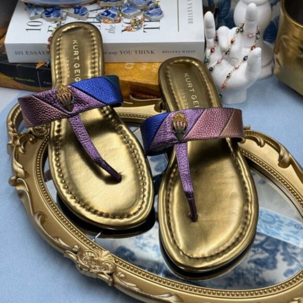 🆕 KURT GEIGER LONDON 🧿 NWOB Kensington T-Bar Sandal, Metallic Rainbow, Sz US 7 - Picture 3 of 13